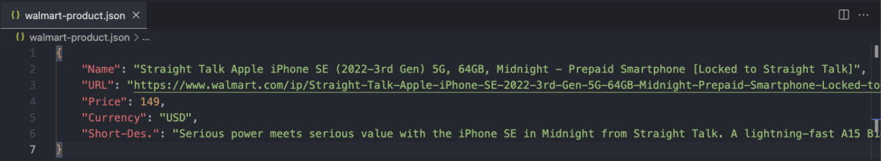 Walmart product page data in JSON format