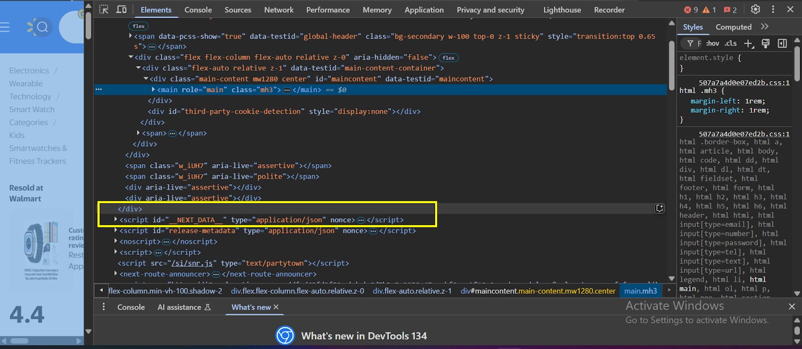 Using web development tools to search for “<script id = __NEXTDATA__ and type = application/json”