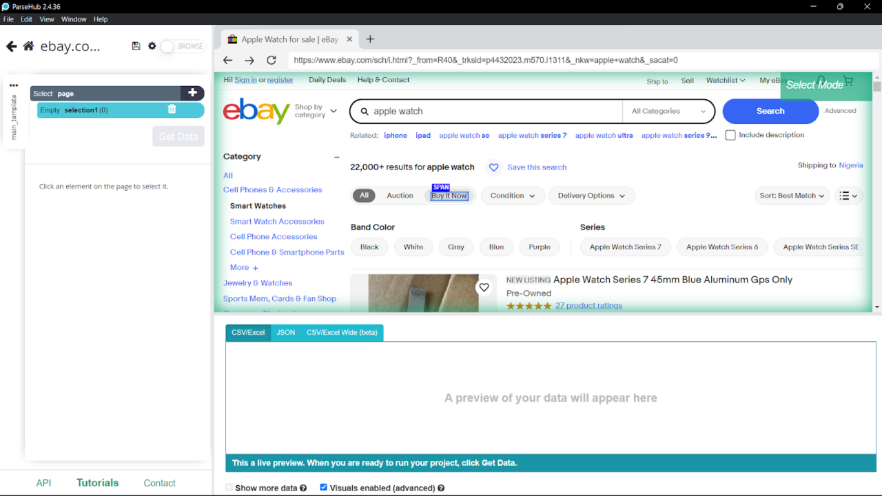 web interface displaying the webpage and controls