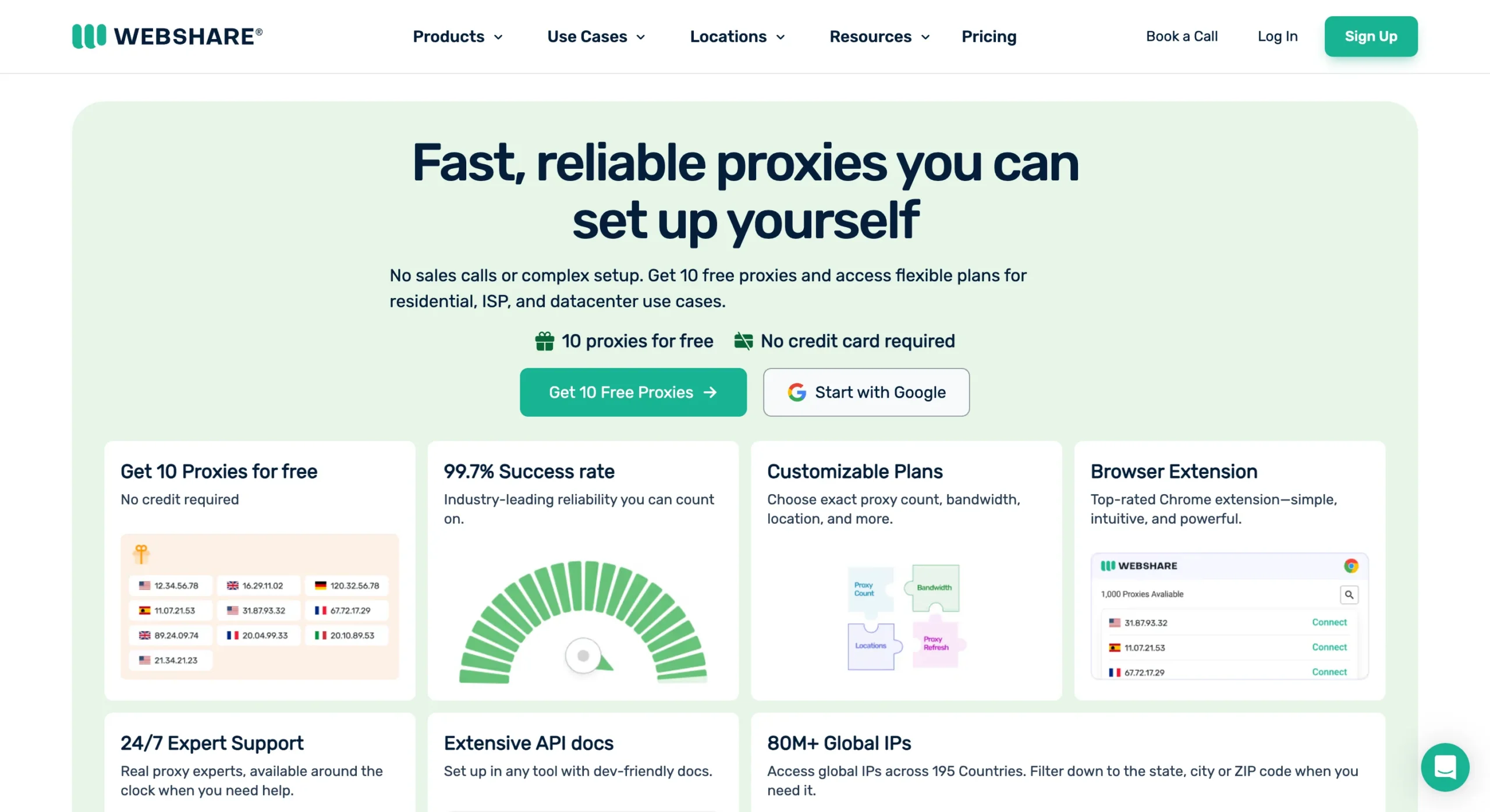 Webshare homepage offering 10 free proxies with no credit card required