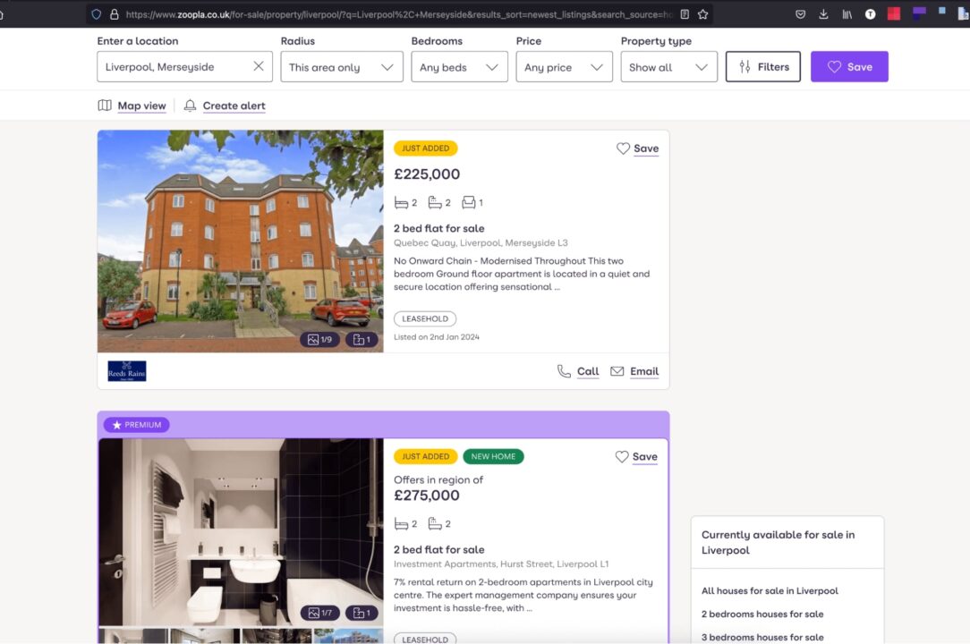 Showing 2 Results from Zoopla result page